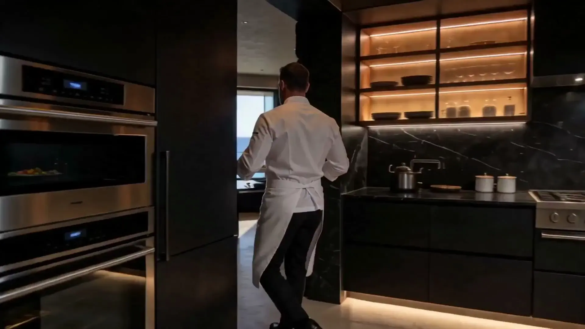 A chef crossing a dark kitchen above the sea, setting a plated course down on a candlelit marble table