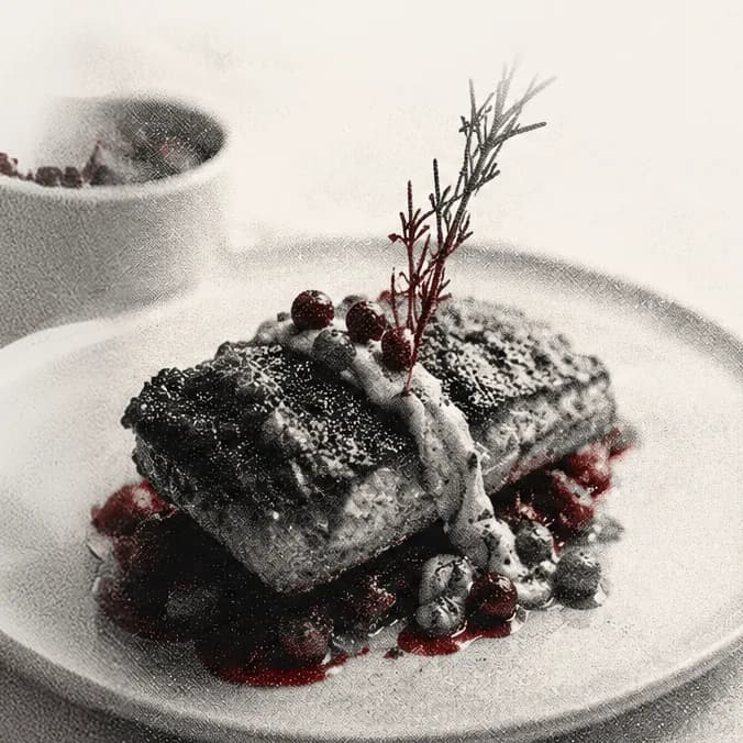 A seared fillet with berry sauce, cream and rosemary on a white plate