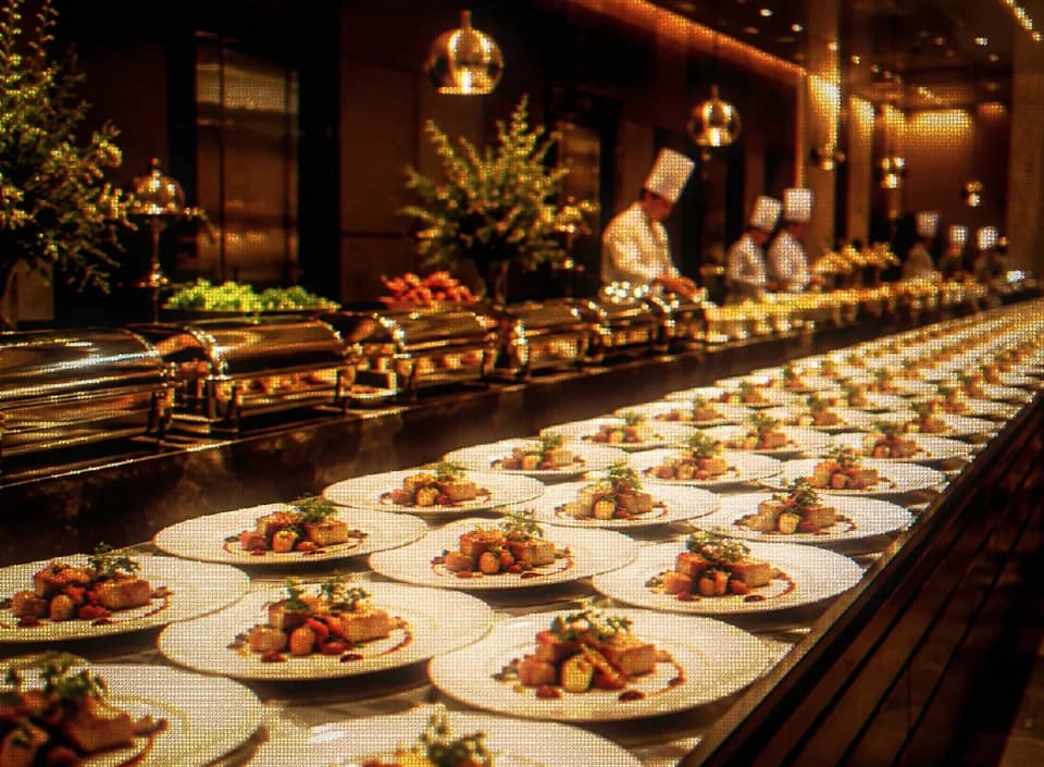 A long banquet line of identically plated dishes under warm lights