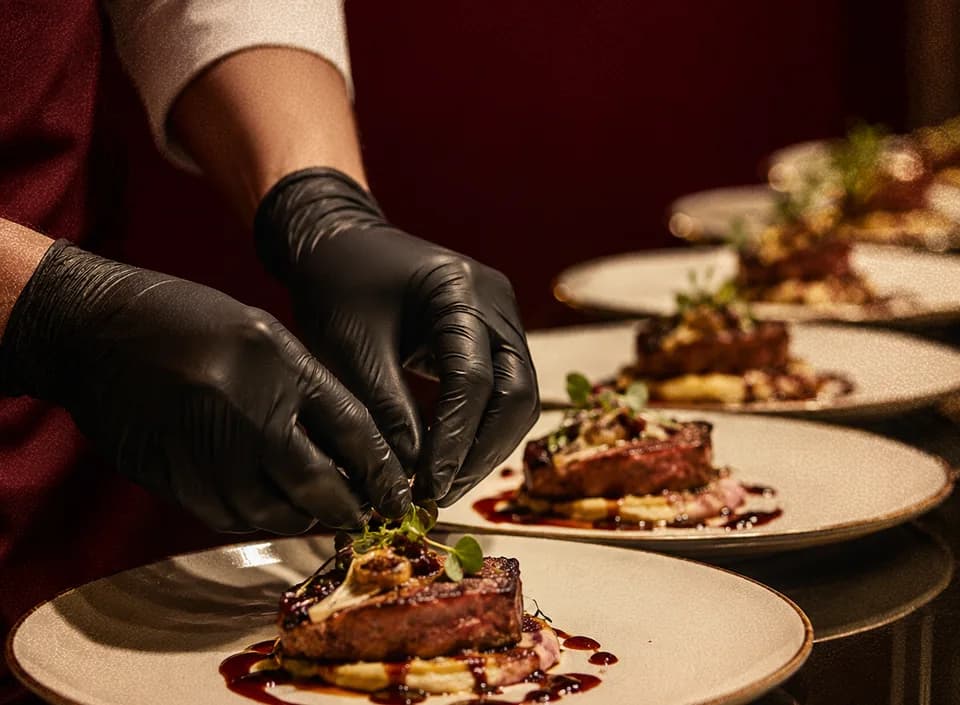 A chef in a Jumeira apron finishing a row of plated main courses
